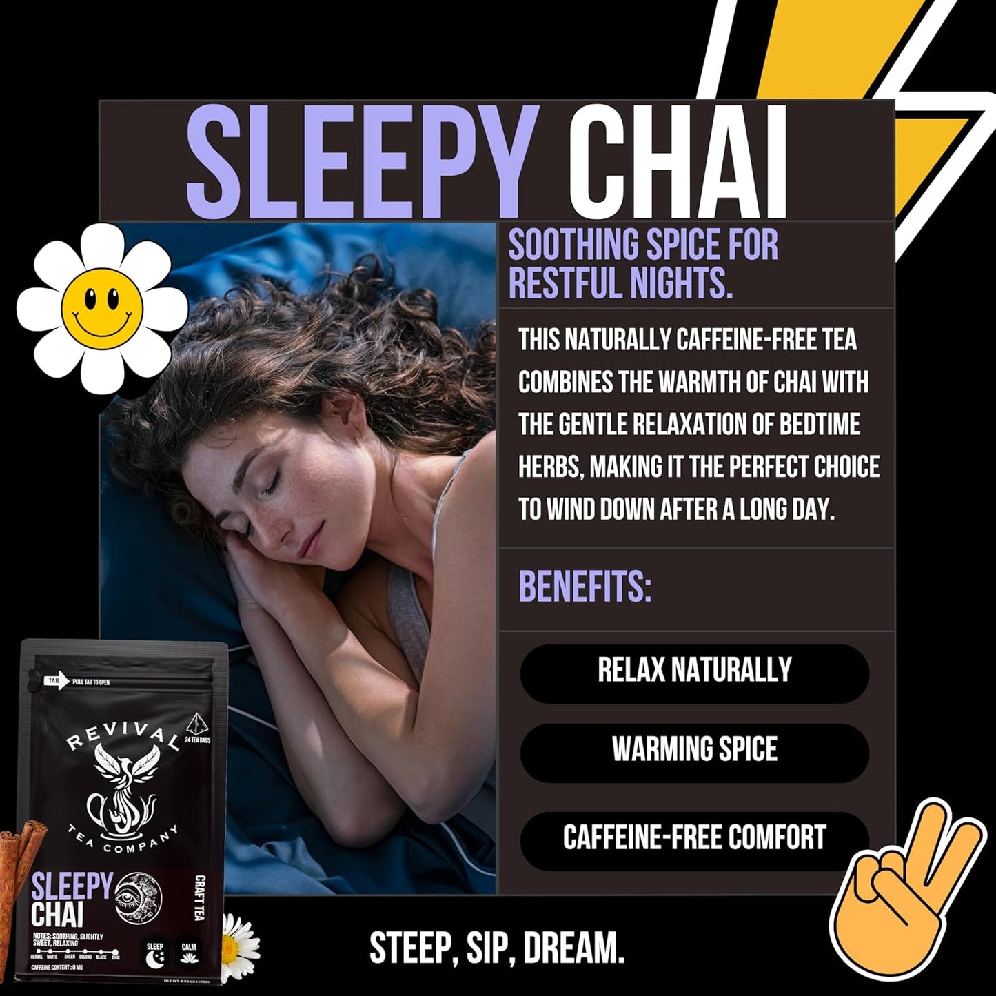 Revival Tea Company Sleepy Chai Tea - Rooibos Chai Tea Red Tea Blend with Valerian Root and Fresh Spiced Chai Flavor - Caffeine Free - 24 Tea Bags