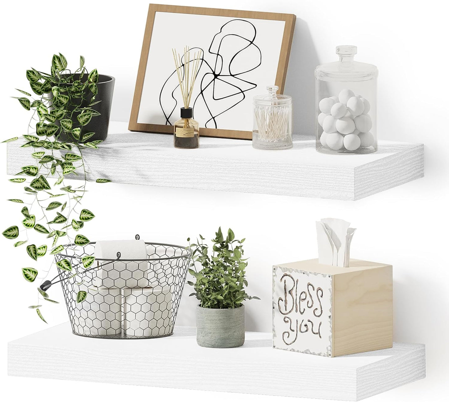 Vivelove Bathroom Floating Shelves for Wall, 16 inchs x 6.7” deep x 1.4” Wall Shelf for Bedroom, Living Room, Kitchen, Office Home Decor, Narrow Wood Shelves with Invisible Brackets - Set of 2, White