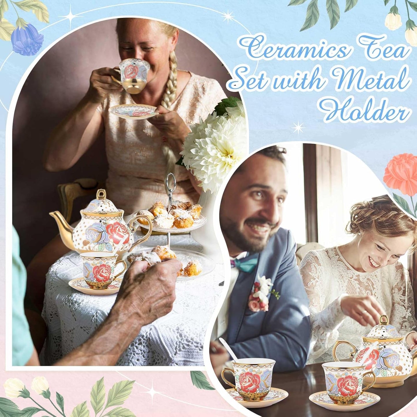 Zhehao 20 Pcs Porcelain Tea Set with Metal Holder and Spoon Adult Ceramic Tea Party Set European Flower Painting Teapot Cup Saucer Spoon Set for Women, Large Version(Romantic Style)