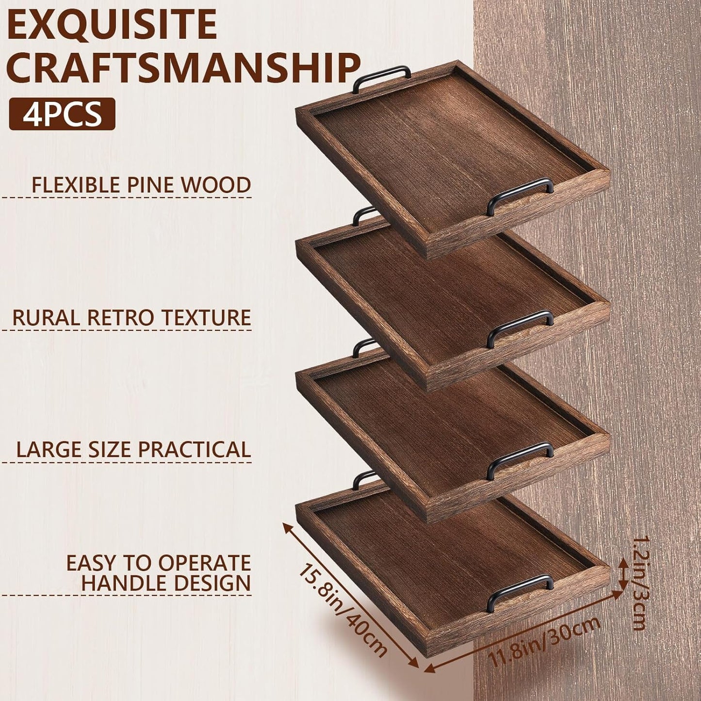 Lallisa 4 Pcs Large Wooden Serving Trays Decorative 15.75 x 11.81 x 2.36 Inch Ottomantray Rustic with Handle for Banquet Party Rectangular Lap Tray for Breakfast Coffee Table Picnic Bed Eating