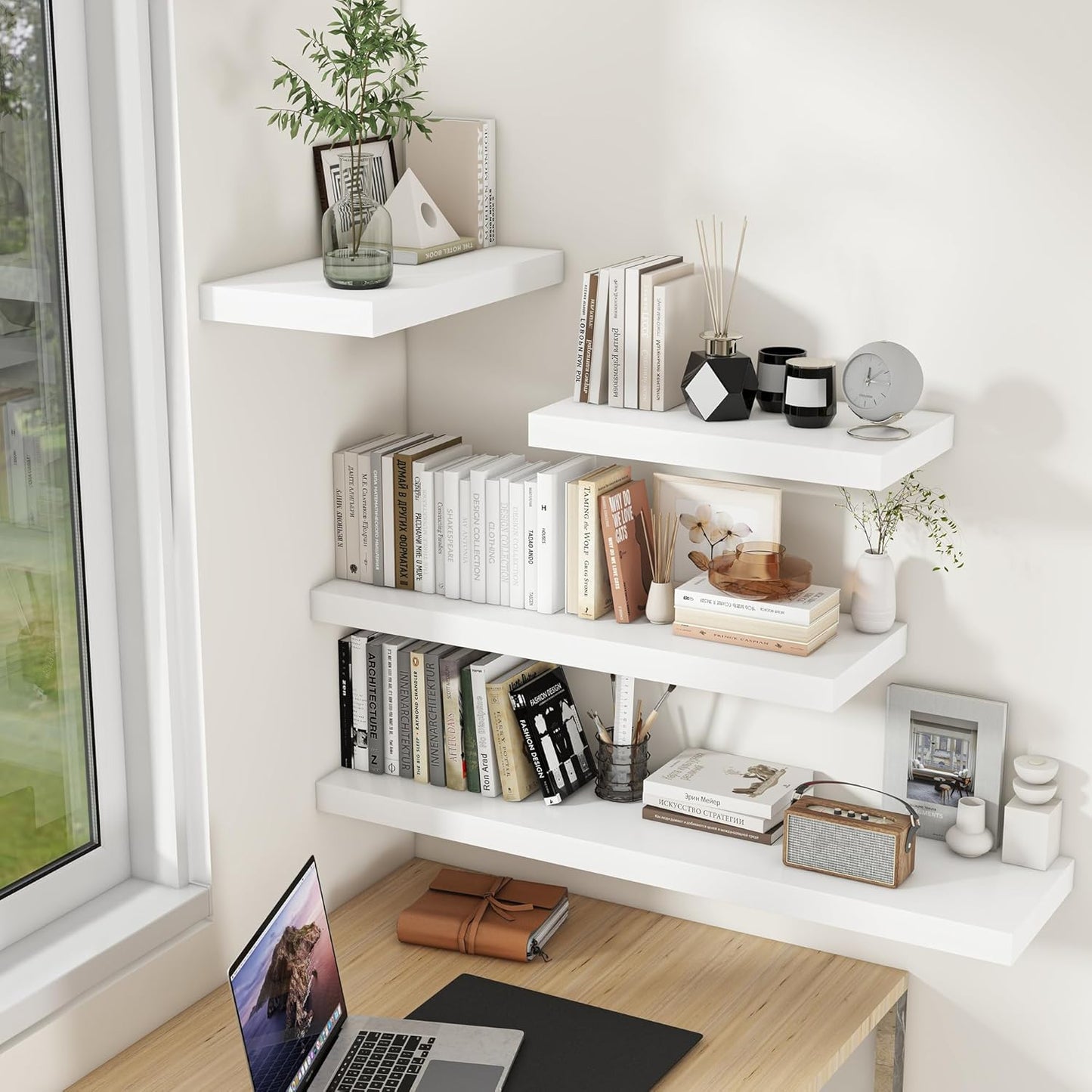 9.3 Inch Deep Floating Shelves, White Solid Wood Floating Shelf Wall Mounted, 36 x 9 Large Display & Storage Shelves for Books, Living Room, Bathroom, Rustic Wooden Wall Shelves, Heavy-Duty, Set of 2