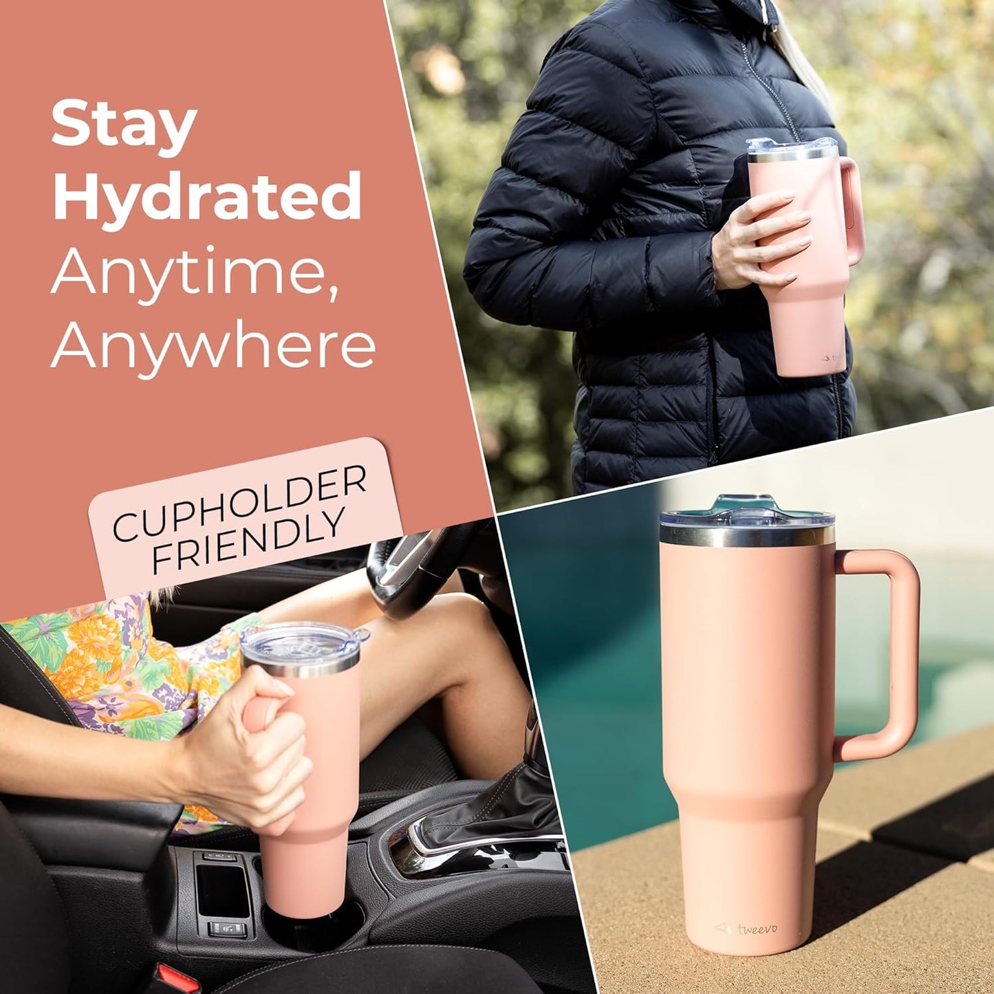 40 oz Tumbler With Handle and Straw Made of Stainless Steel - Double Wall Vacuum Insulated Tumbler With Lid - Sweat Proof Easy Grip, BPA-Free, Dishwasher Safe Tumbler (Peach)