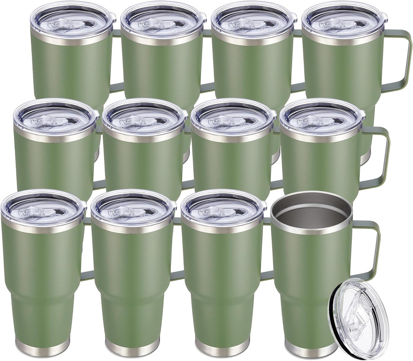 30 oz Tumbler with Handle and Lid, Stainless Steel Tumblers Bulk Double Wall Vacuum Insulated Travel Mug Leak Proof Cup Keep Drinks Cold and Hot Army Green, 12 Pack