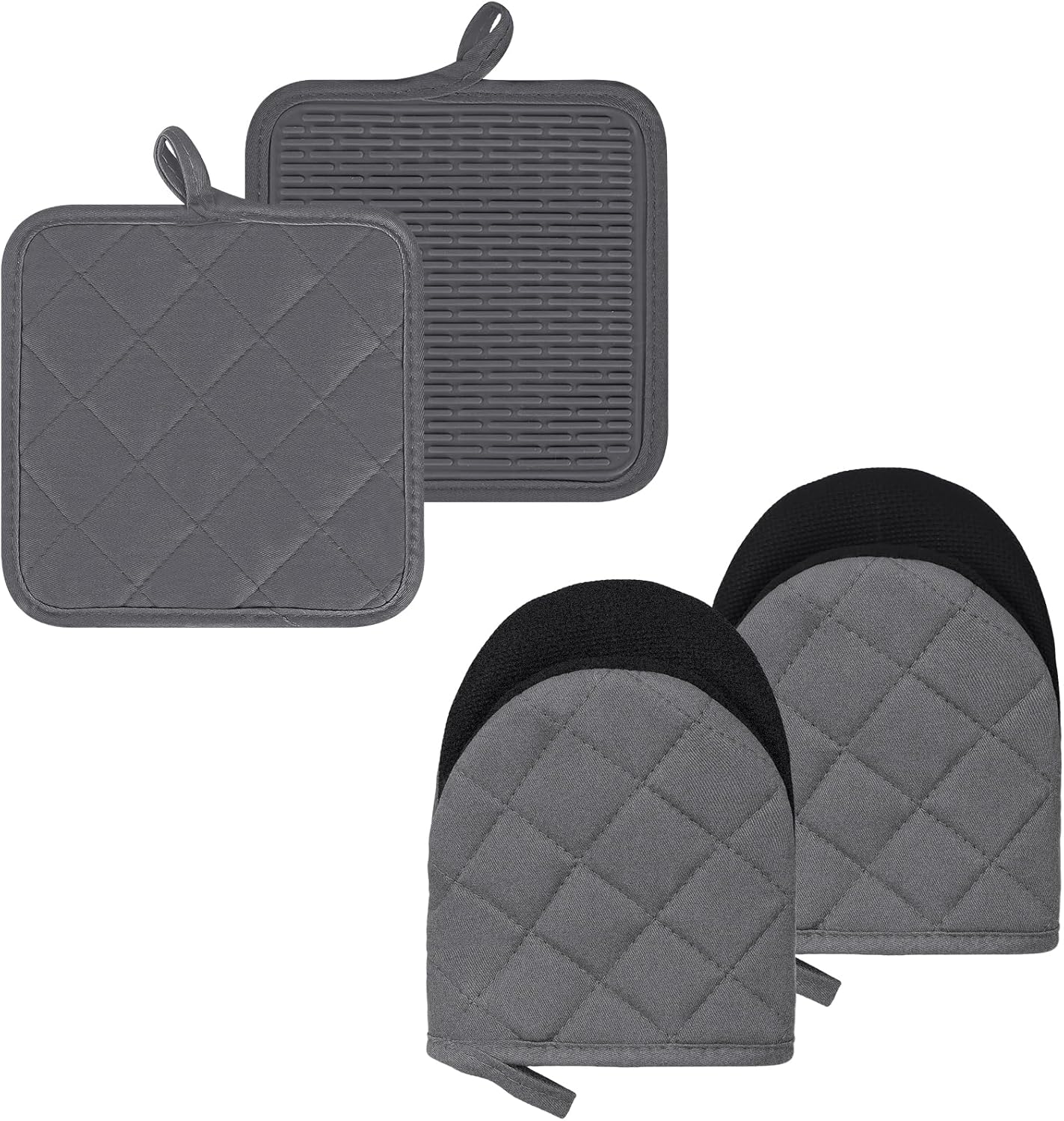 Oven Mitts and Pot Holders Set, Pack of 4, Heat Resistant Silicone Kitchen Mini Oven Mittens for 500 Degrees, Mini Oven Gloves and Hot Pads for Baking Grilling Barbecue Microwave Machine Washable