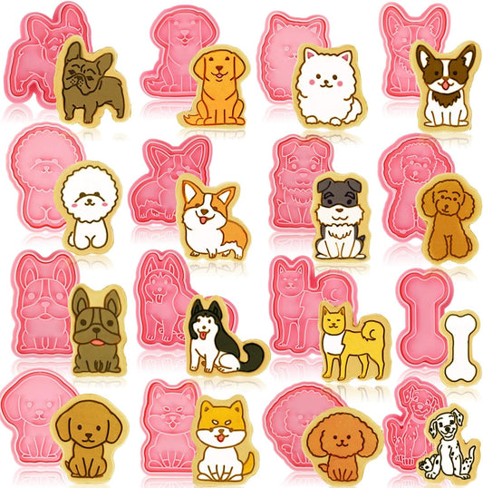 16 Pcs Dog Cookie Cutters with Plunger Stamps Set 3D Puppy Bone Shape Biscuit Cutter Funny Cartoon Cookie Stamps Stamped Embossed Dog Cookie Cutters for Treats DIY Cookie Cake Baking Supplies