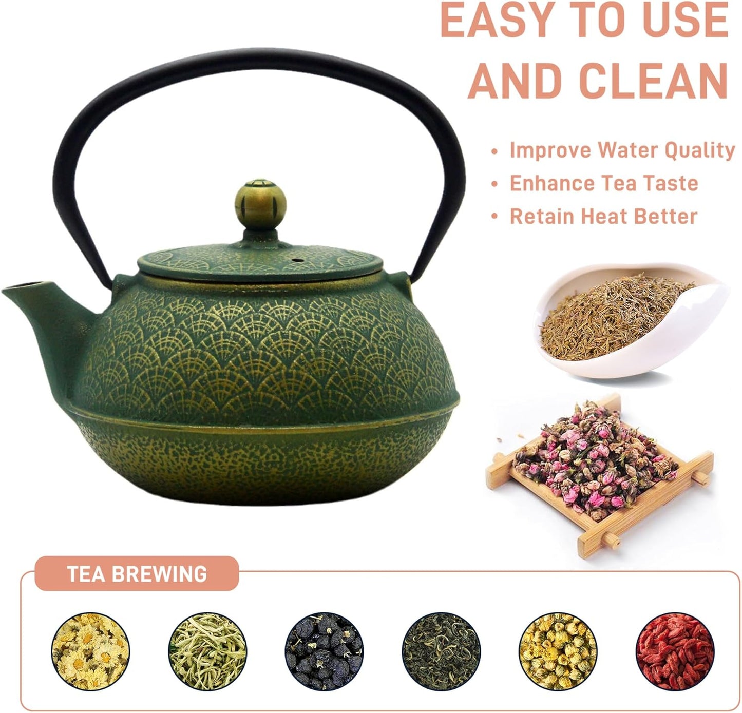 900ml Cast Iron Tea Kettle,SECHUDO Teapot Coated with Enameled Interior for Loose Leaf, Small Cast Iron Teapot with Strainer for Stovetop Safe, Green Iron Kettle(30.4oz)