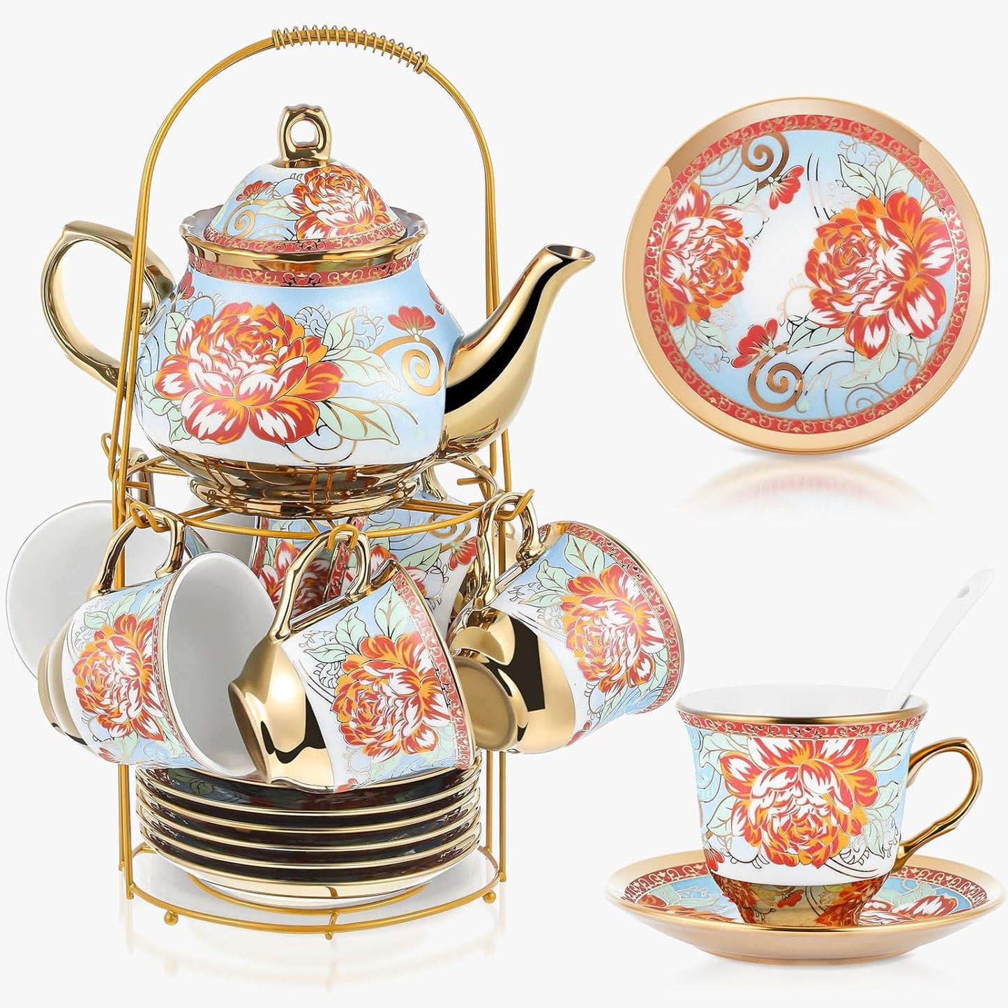 Zhehao 20 Pcs Porcelain Tea Set with Metal Holder and Spoon Adult Ceramic Tea Party Set European Flower Painting Teapot Cup Saucer Spoon Set for Women, Large Version(Retro Style)