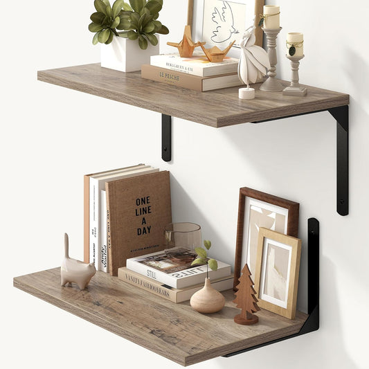 Fun Memories Floating Shelves for Wall, 12 Inch Deep Floating Shelves Set of 2, Wall Mounted Shelf with Metal Brackets, Rustic Wood Wide Shelf for Bathroom, Kitchen and Living Room, Grey, 24W x 12D