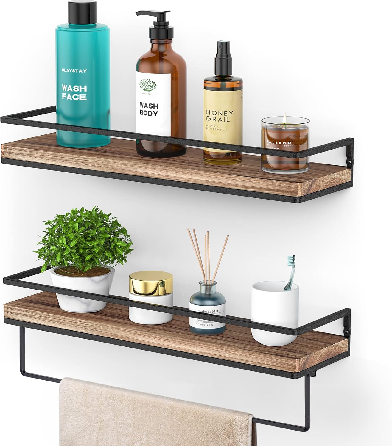 Meangood Floating Shelves Wall Mounted Set of 2, Wall Shelf with Towel Bar Rustic Wood Wall Storage Shelves for Bedroom,Living Room,Bathroom, Kitchen Torched Wood