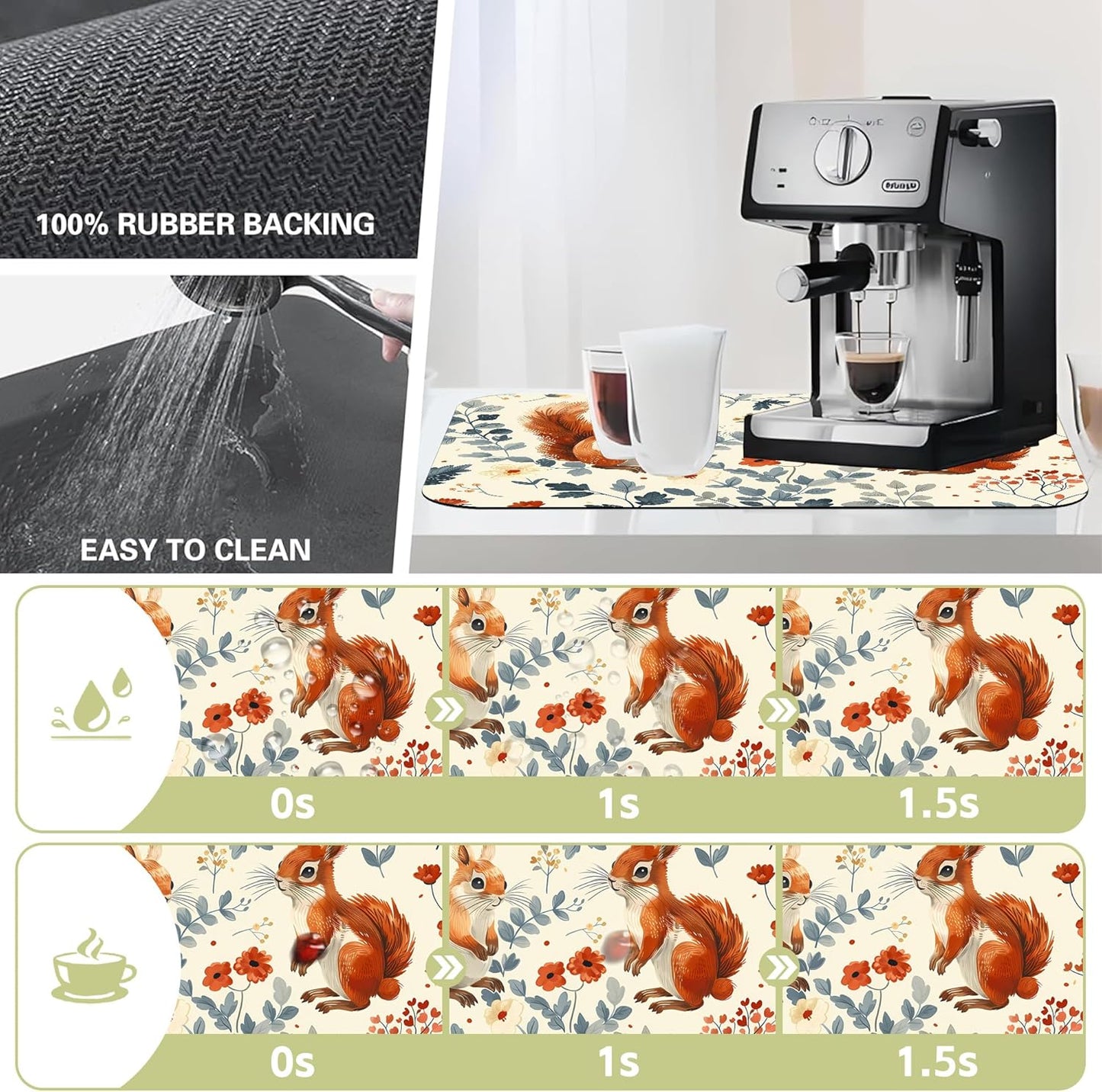Dish Drying Mat Squirrel in the Flowers Kitchen Mat 12"x19" Bsorbent Coffee Maker Mat for Dishes,Utensils Coffee Maker Pots and Pans Easy Clean Dish Slip Resistant Pad