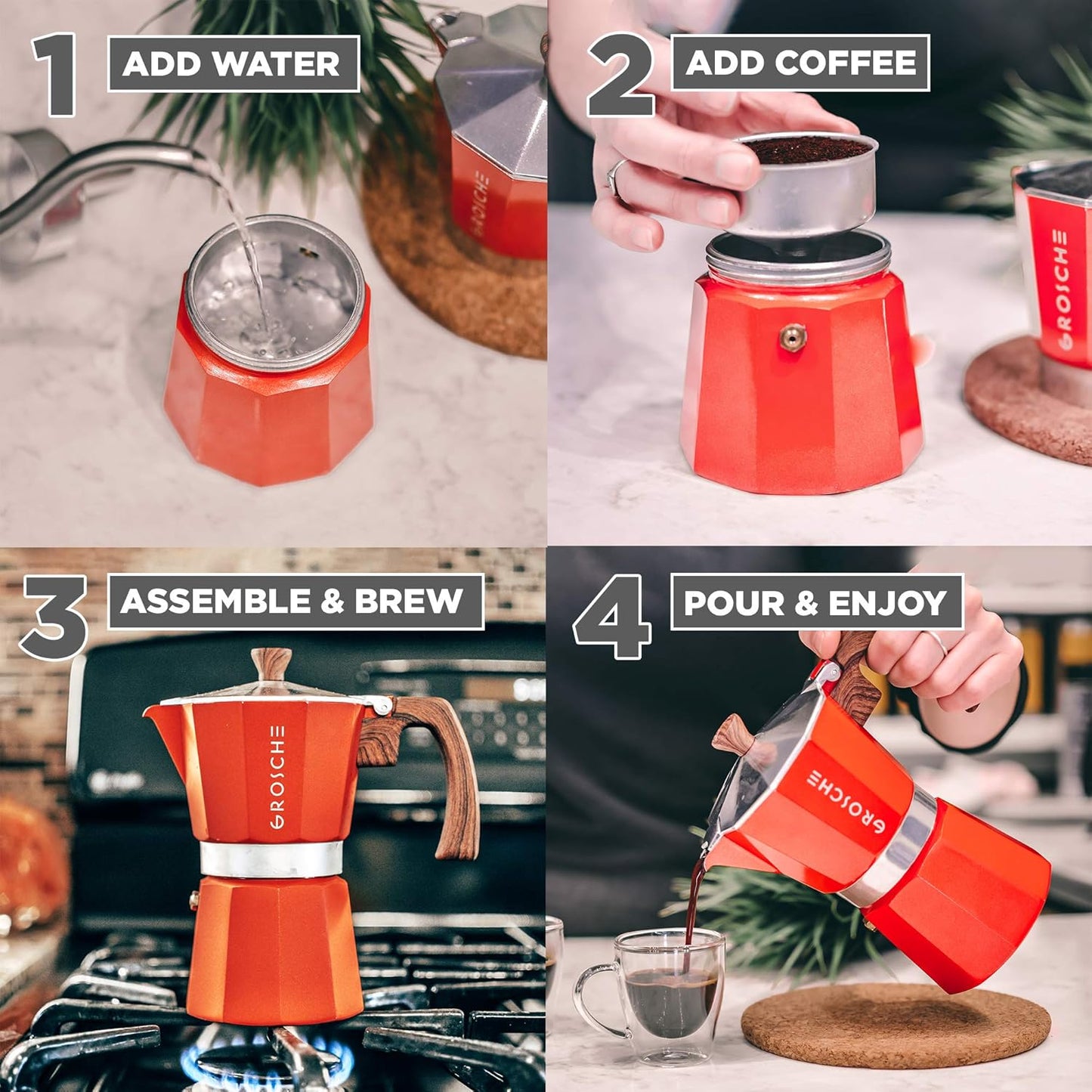 GROSCHE Milano Stovetop Espresso Maker Moka Pot 3 espresso Cup - 5oz, Red - Cuban Coffee Maker Stove top coffee maker Moka Italian espresso greca coffee maker brewer percolator