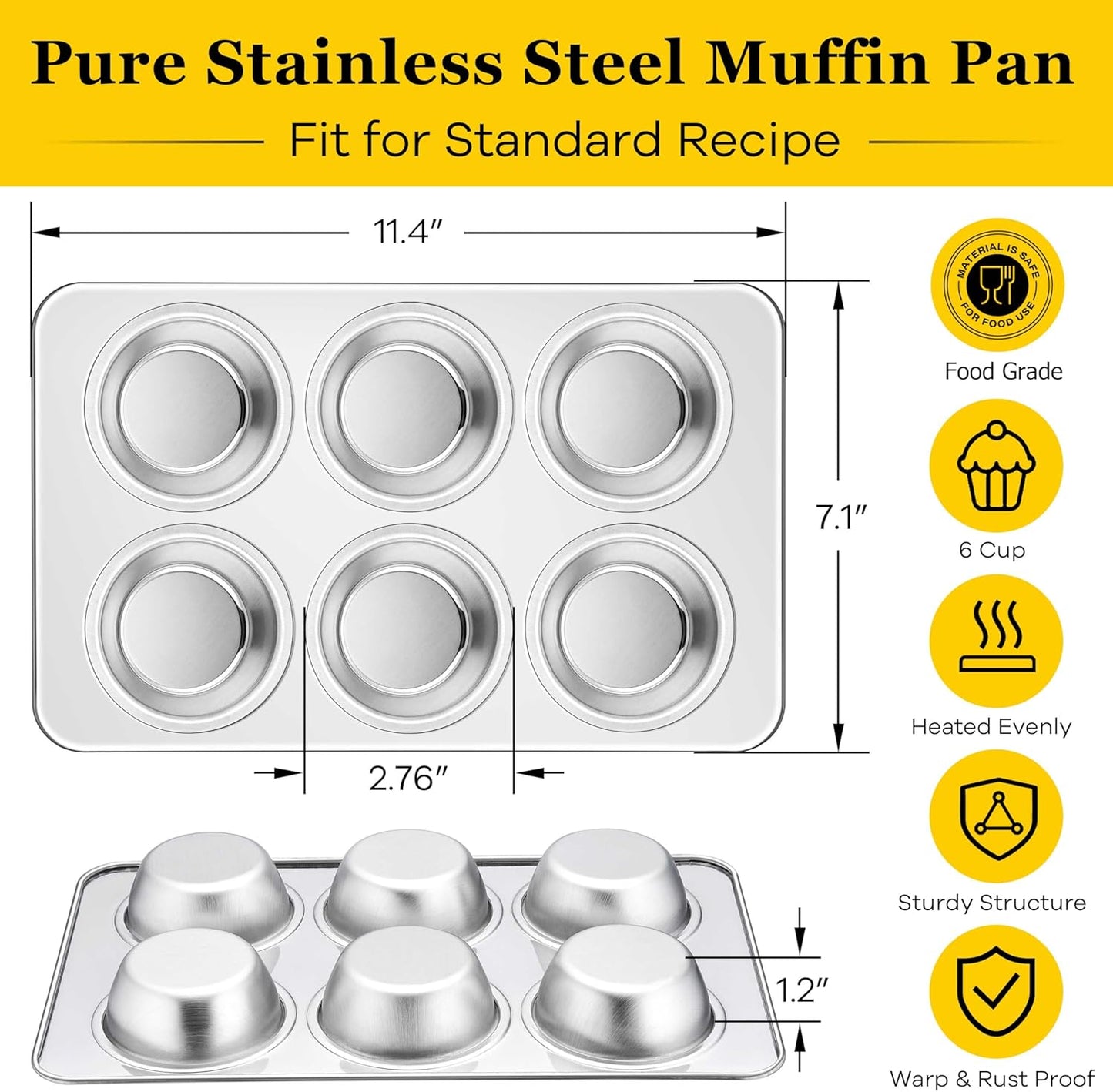 Homikit 2 Pack Muffin Pan, Stainless Steel Cupcake Baking Tin with 6 Cups Regular Size, 11.4 x 7 Inches Metal Egg Bites Tray for Toaster Oven, Rust Free & Non Toxic, Easy Release & Dishwasher Safe