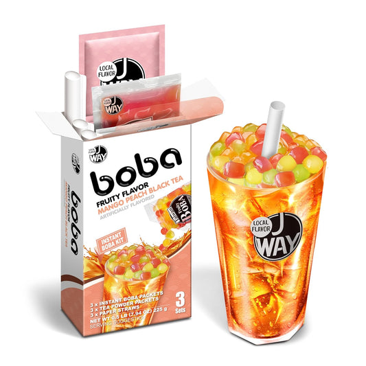 J WAY Instant Mango Peach Black Tea Kit with Authentic Fruity Colorful Tapioca Boba, Ready in Under One Minute, Paper Straws Included - 3 Servings