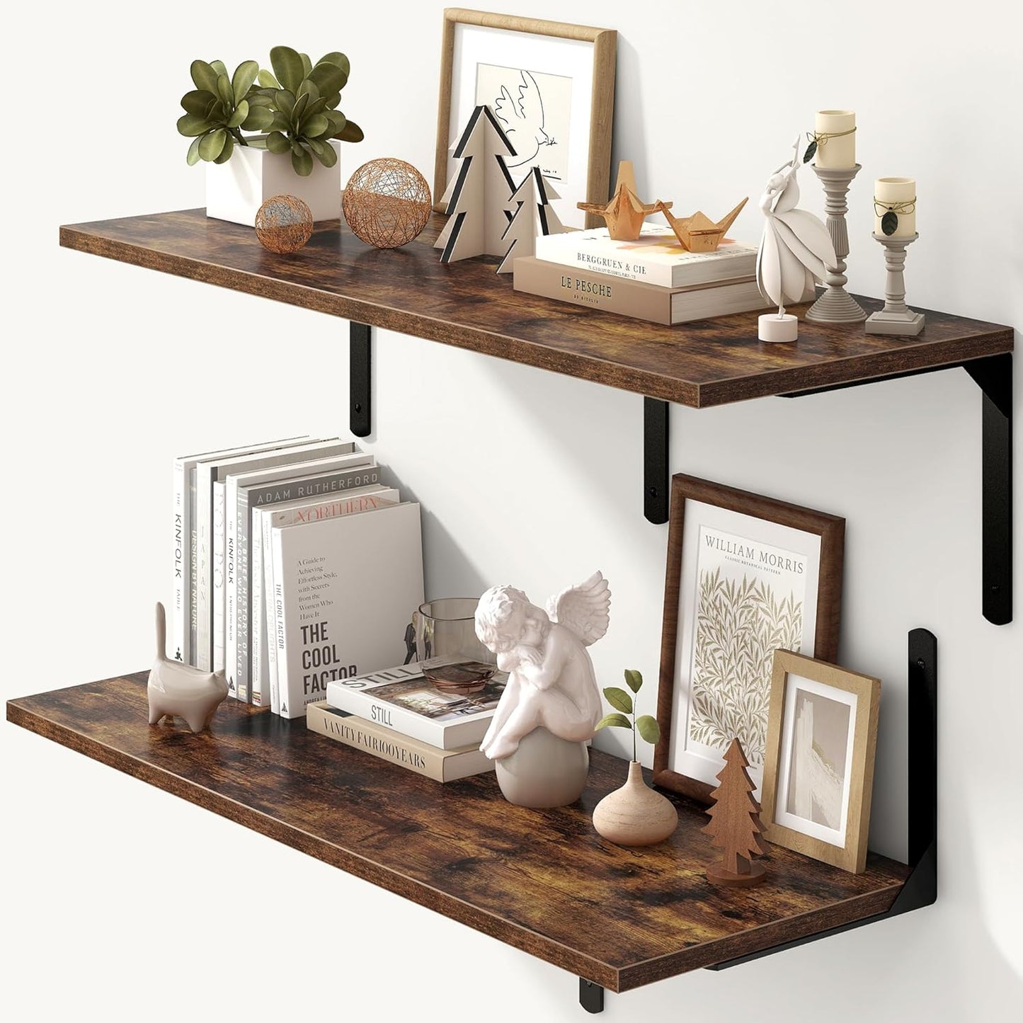 Fun Memories Rustic Brown 12 Inch Deep Floating Shelves Set of 2, Wall Mounted Shelf with Metal Brackets, Rustic Wood Wall Shelf for Bathroom, Kitchen and Living Room