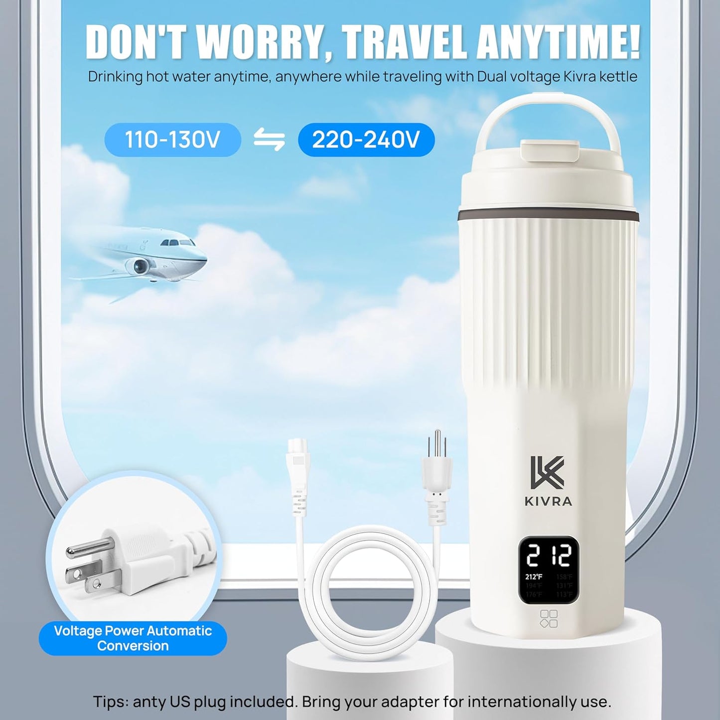 KIVRA Travel Kettle-316 Stainless Steel Portable kettle, 450mL Portable Water Boiler with 6 Temperature Control, Auto Shut Off & Boil Dry Protection, Small Electric Kettle for Global Use (100-240V)