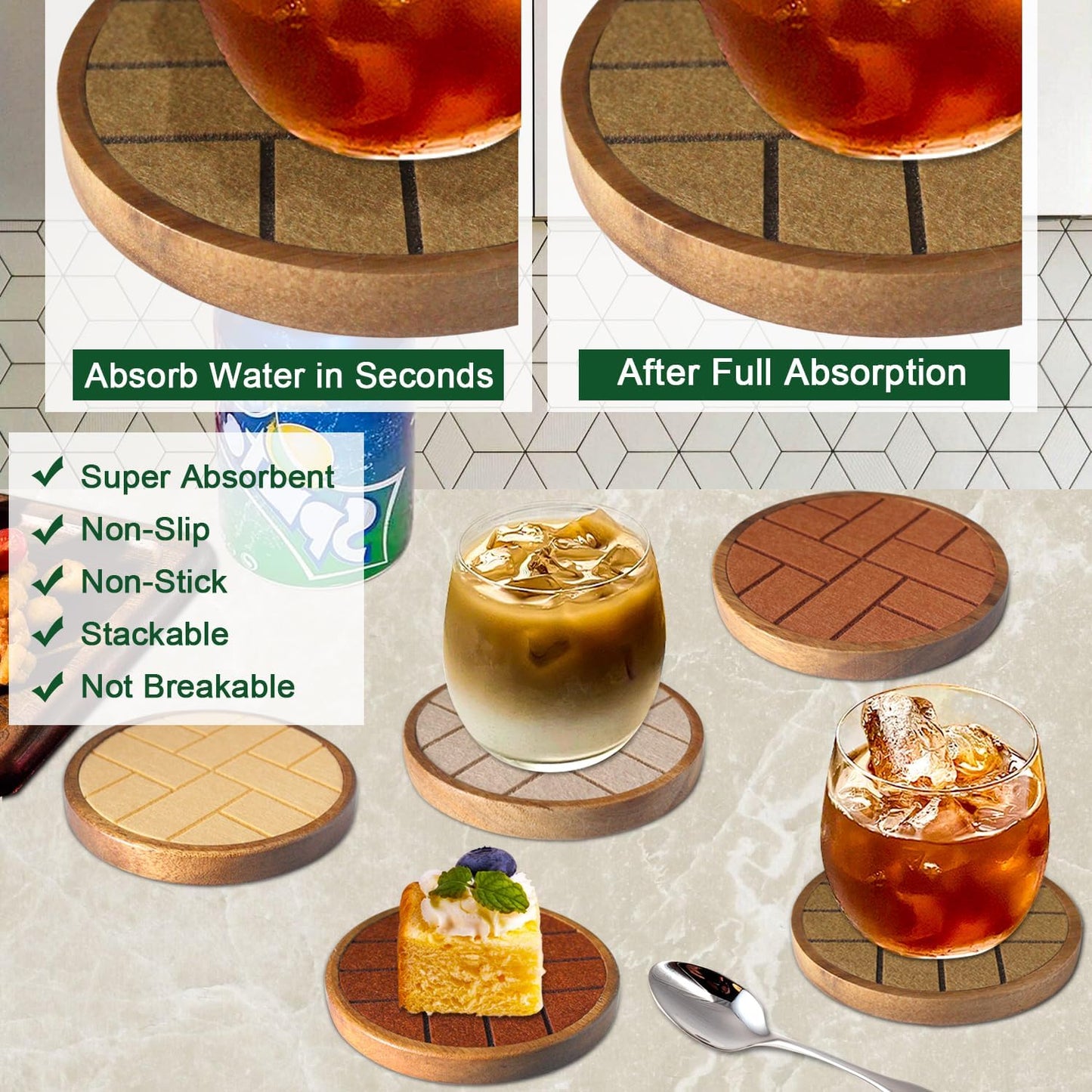 Coasters for Drinks Absorbent 5 Pack, Wood & Felt, Non-Slip, Non-Stick, Brown, Round, 4.3 Inch