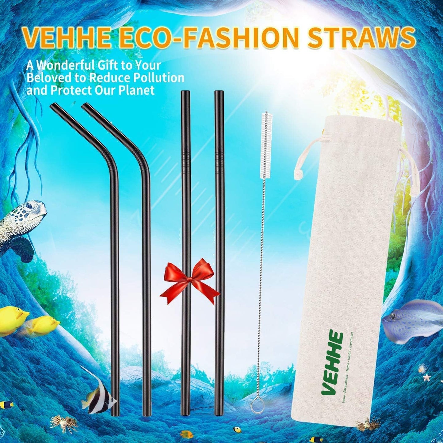 VEHHE Black Metal Straws Reusable Stainless Steel Straws with Cleaning Brush for 20/30 Oz for Yeti RTIC SIC Ozark Trail Tumblers (Black)