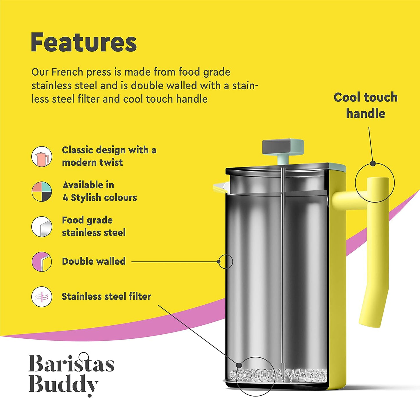 Yellow French Press Coffee Maker - Colorful, Retro And Stylish Insulated Coffee Brewer - Large Size Brews 4 Cups