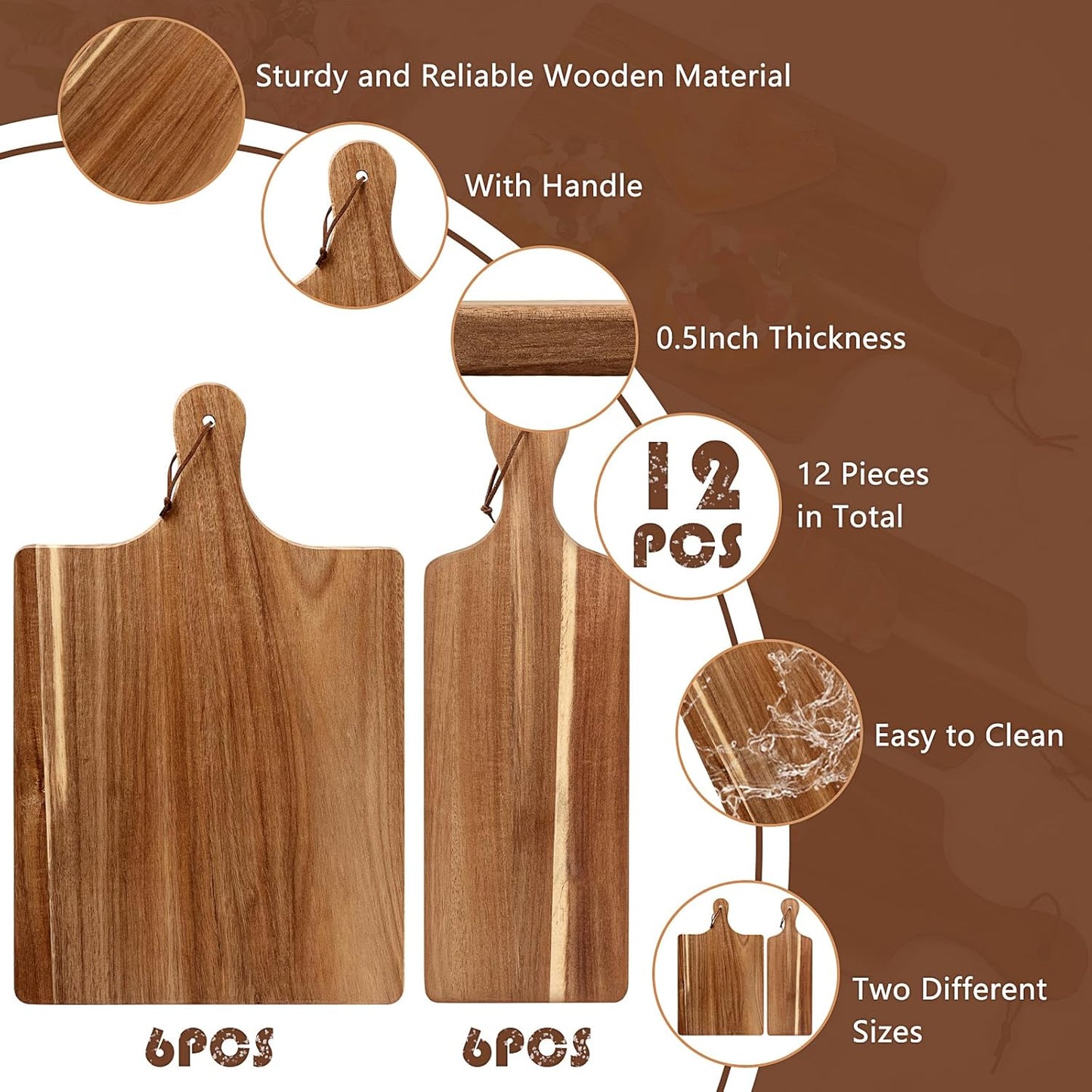 12 Pack Acacia Wood Cutting Board,Bulk Charcuterie Boards Chopping Board with Handle 15.7 x 9.8 Inch & 15.7 x 5.1 Inch, Wooden Boards for Serving Food Cheese Pizza Bread Fruit Meat