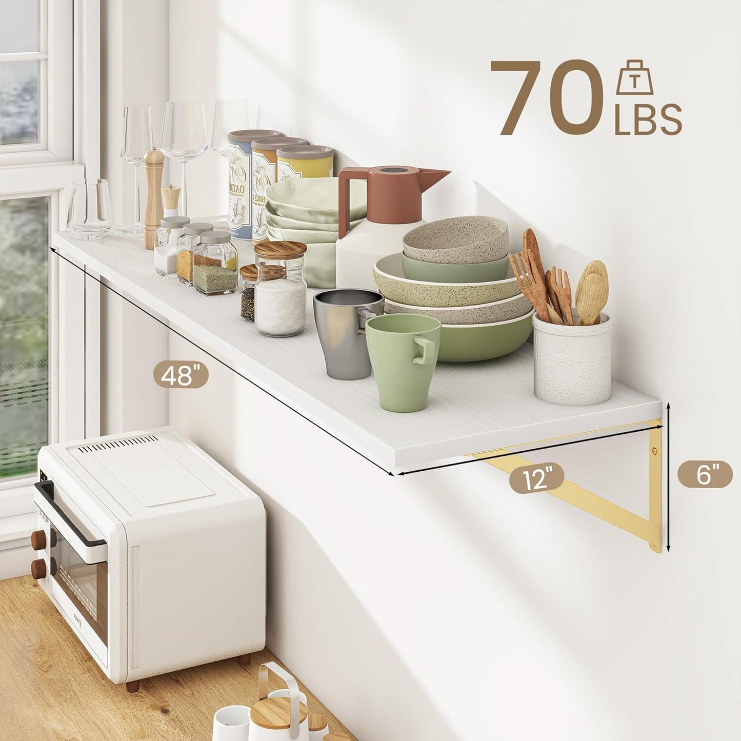 Floating Shelves for Wall, 12 Inch Deep Floating Shelves Set of 2, 48W x 12D Large Wall Shelf with Sturdy Metal Brackets for Living Room, Bathroom, Bedroom and Kitchen, White with Gold Bracket