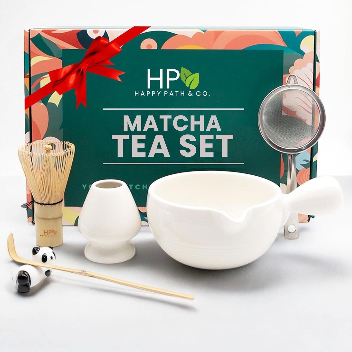 HAPPY PATH & CO Matcha Tea Set – 6 Pcs Matcha Kit Set Includes Bamboo Whisk(Chasen) & Bowl with Spout, Sifter, Scoop & Holder | White Matcha Whisk Set - Perfect Matcha Tool Set for Matcha Lovers