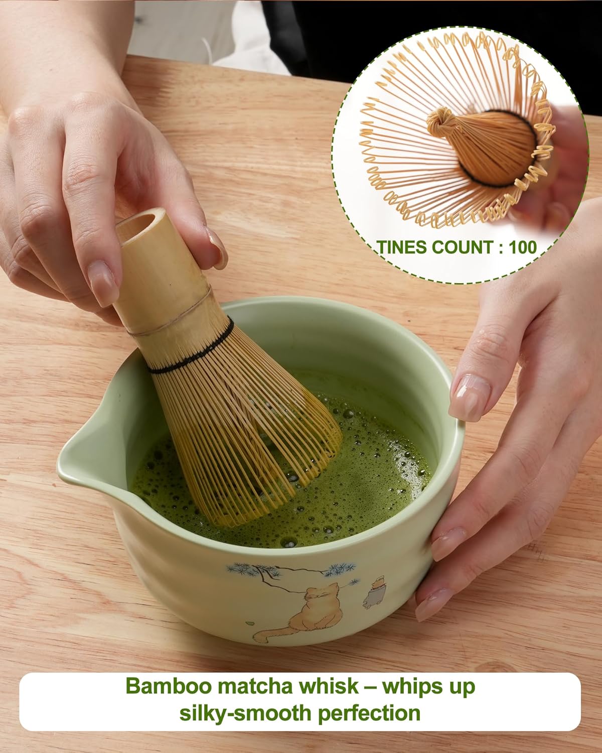 Matcha Whisk Set, Ceramic Matcha Set Includes Matcha Bowl, Matcha Whisk and Holder, Bamboo Scoop, Scoop Rest, Sifter and Tea Towel - 7 Pcs Matcha Kit(Green)