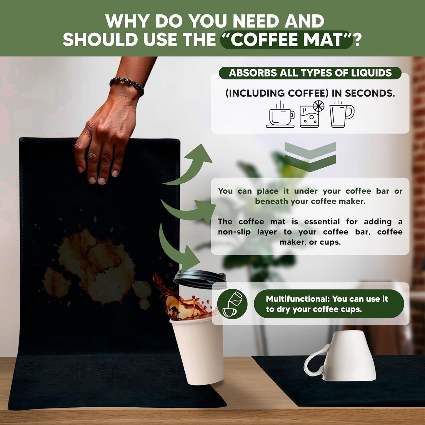 Barista Emperor® SUPER PACK Coffee Bar Organizer for Countertop, Silicone Mat and 2X Silicone Coasters - Tea Organizer Station with Removable Drawers - Office Coffee Station for Countertop