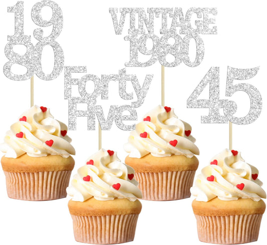 Gyufise 24Pcs 45th Birthday Cupcake Toppers Glitter Cheers to 45 Fabulous Forty Five Vintage 1980 Cupcake Picks 45th Birthday Wedding Anniversary Party Cake Decorations Supplies Silver