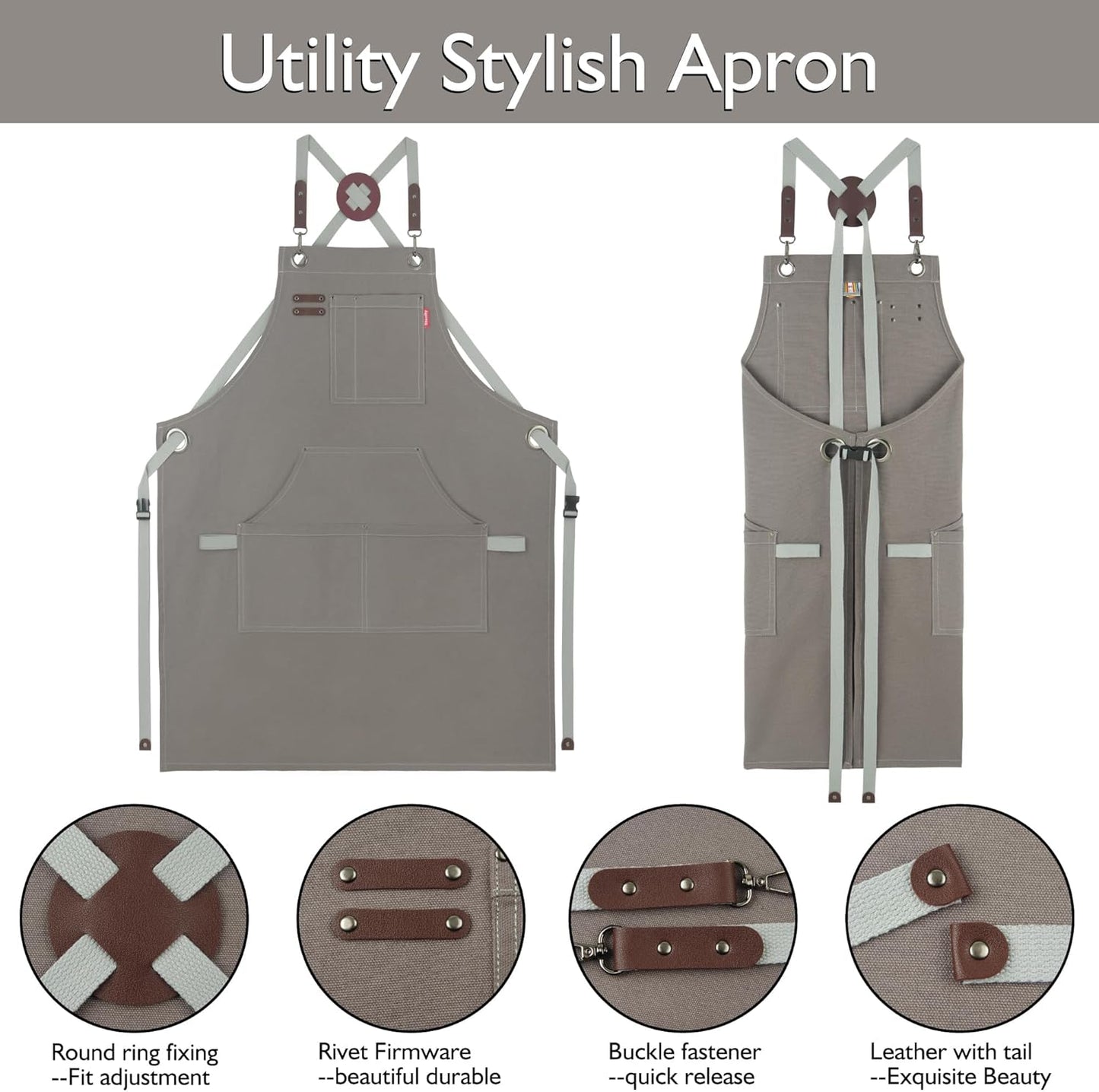 Kitchen Apron, Work Apron, Canvas, Multiple Pockets, Gardening, Painting, BBQ, Artist, Carpenter, Sizes M to XXL, Dark Gray