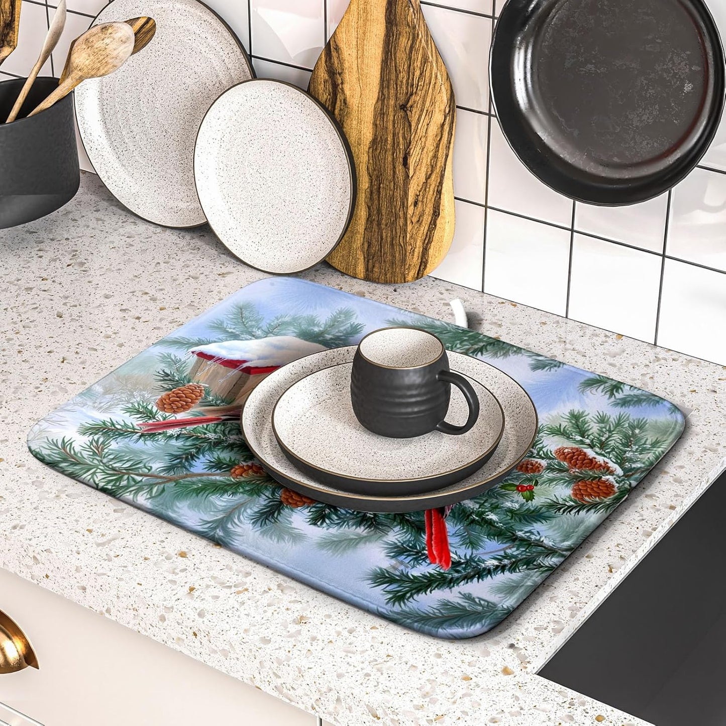 Winter Red Cardinal Bird Dish Drying Mat for Kitchen Counter,Holly Berry Branches Xmas Snowflake Cabin Drying Mat 16 x 18 Inch with High Absorbent Microfiber Drainer Mat for Coffee Bar