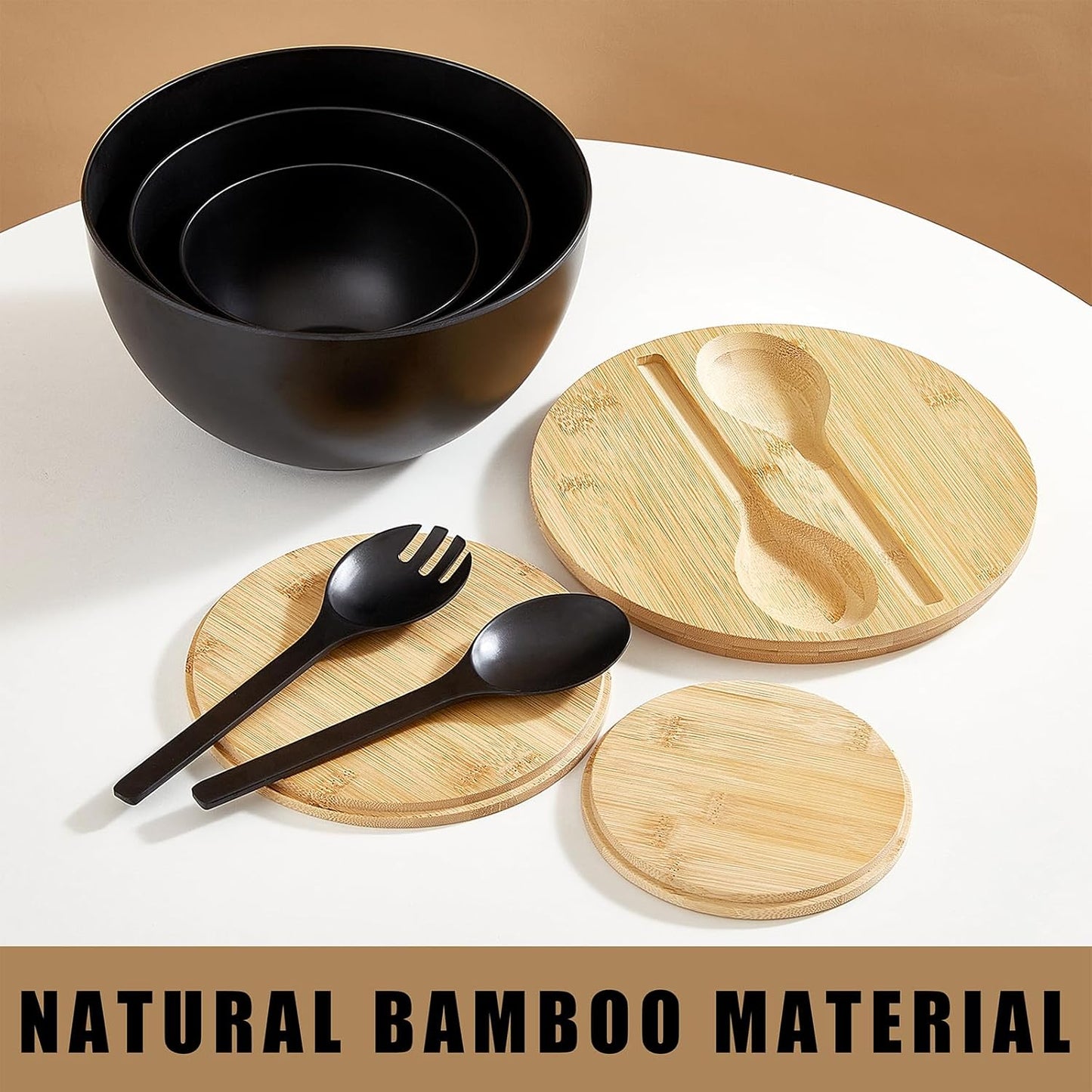 Large Salad Bowls with Bamboo Lids Set of 3, Mixing Nesting Bowls Round Serving Bowls with Servers for Salads, Kitchen Eating, Pastas, Popcorn, Chips, Trifle, Fruit, Food Prepare (Black,10",8",6" )