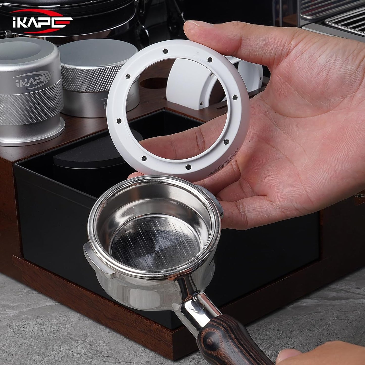 IKAPE Magnetic Dosing Funnel Set, 53MM Espresso Dosing Ring & Puck Screen Kit Compatible with Delonghi 54MM Bottomless Portafilter - with 8 Small Magnet (White)