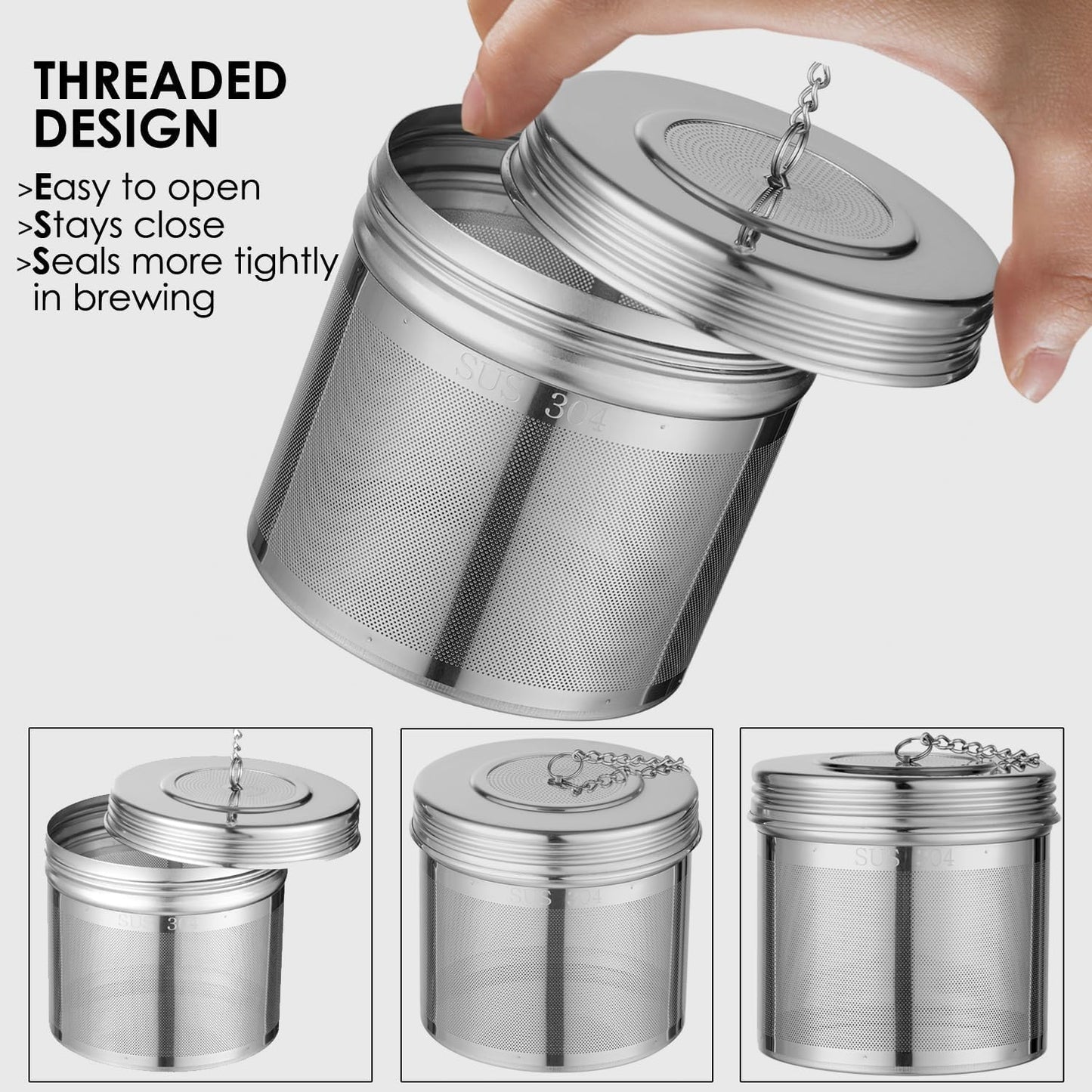 Extra Large Tea Infuser -304 Stainless Steel with Threaded Lid & Chain Hook-Perfect for Loose Leaf Tea,Cooking,Herbs,Iced Tea & Soup - Extra Fine Mesh Tea Strainers