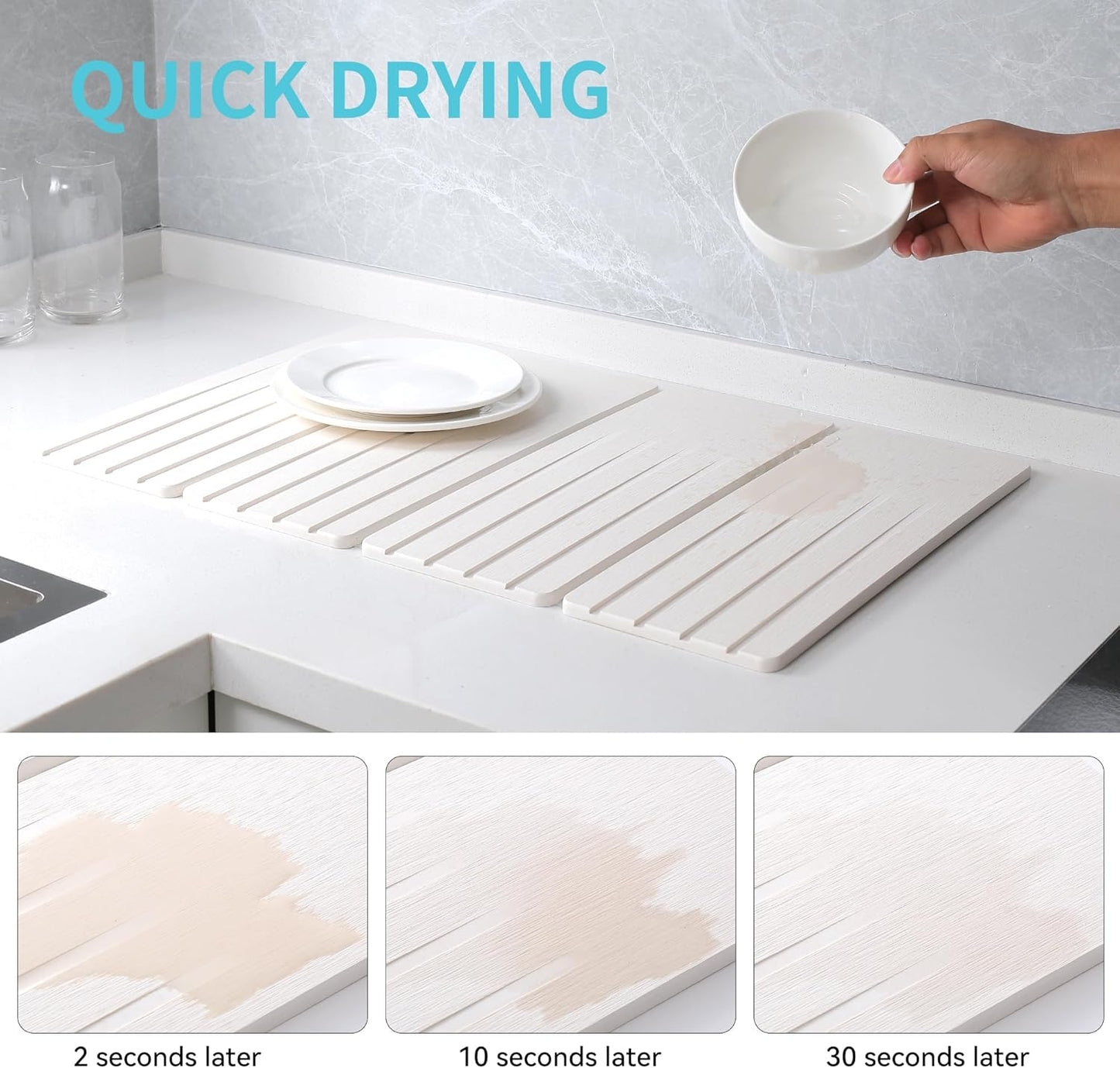 Extral Large Quick Dry Stone Drying Mat for Kitchen Counter,28x16 Inch Collapsible Eco-Friendly Absorbent Diatomaceous Earth Mat for Dishes Cups (White-Upgraded Version, 24x16 inch)