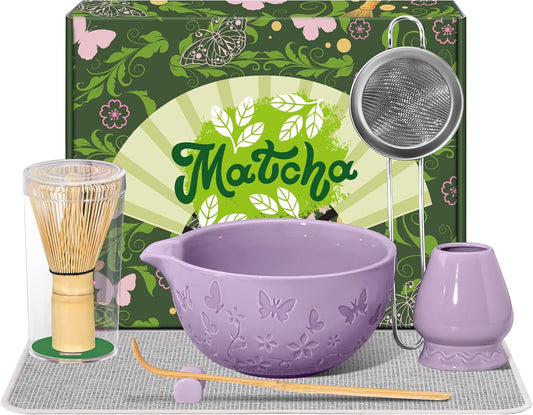 Matcha Whisk Ceramic Matcha Whisk Set Bamboo Whisk, Bowl With Spout, Powder Starter Sifter, Ceramic Whisk Holder, Tea Towel, Scoop and Scoop Rest for Matcha Tea Ceremony Purple