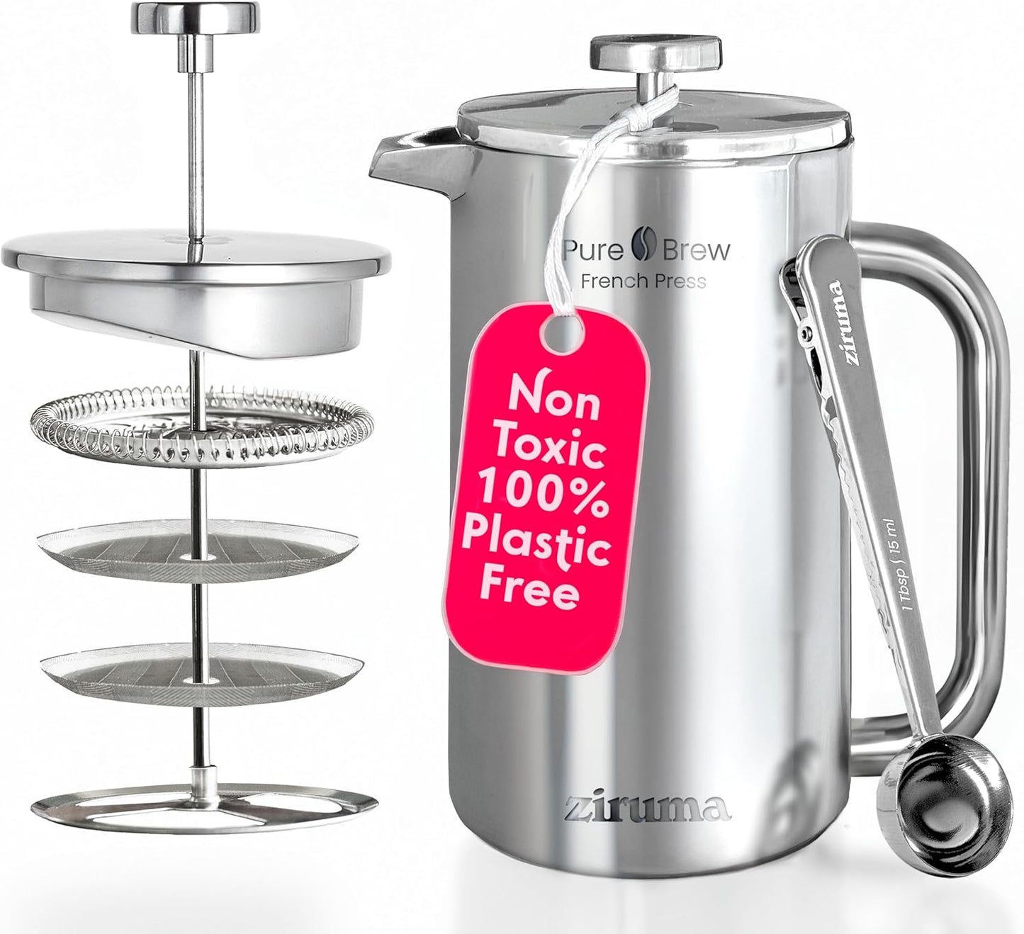 Ziruma Non-Toxic French Press, Surgical Stainless Steel Coffee Press, Plastic-Free, Heavy Metal-Free, No Endocrine Disruptors, 34 Oz, Double Wall, 4-Layer Filter, Portable Coffee Maker