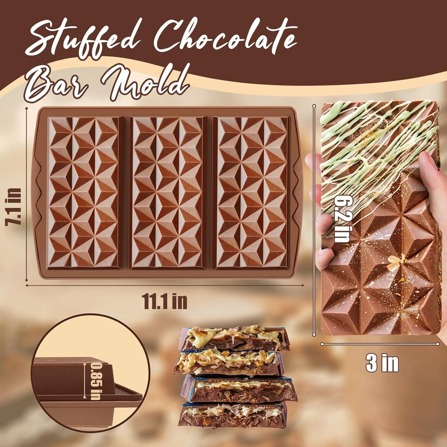 HKNMTT Chocolate Bar Mold Silicone, Large Stuffed Dubai Pistachio Deep Bar Moulds Kit 0.85 Inch Thick Big, Ideal for Homemade Making Candy Bar Bpa Free DIY Diamond Grid