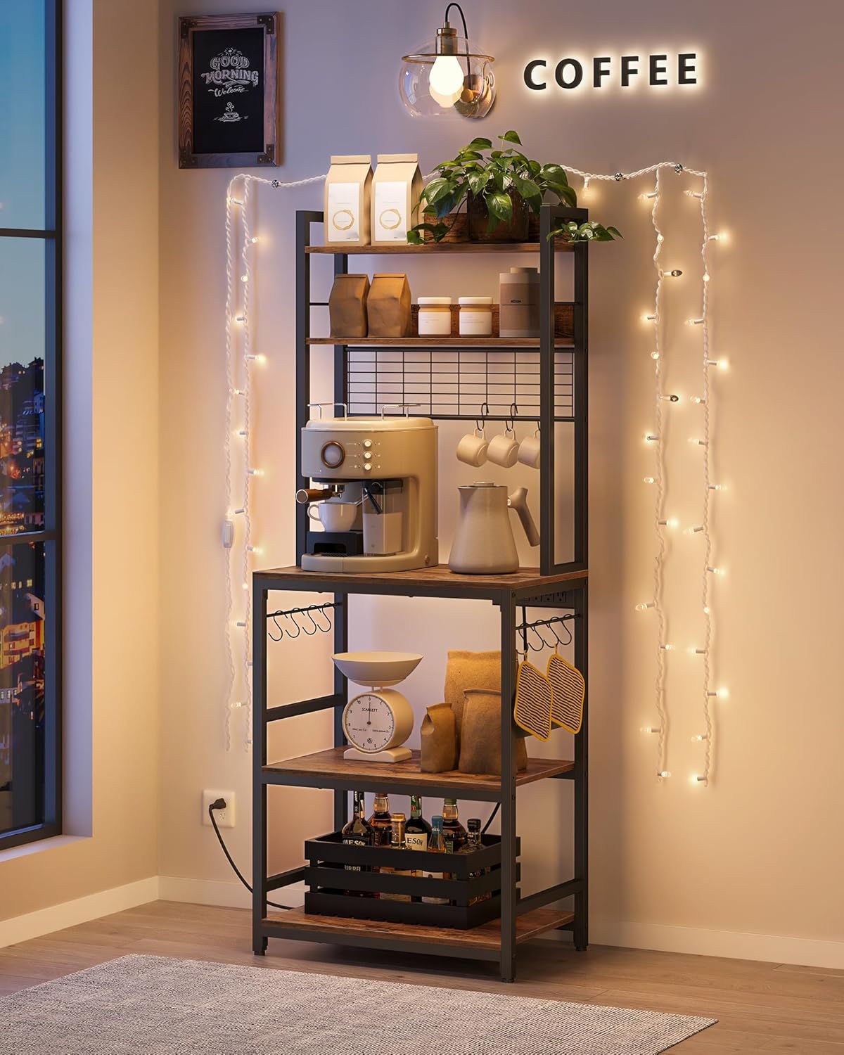 VASAGLE Hutch Bakers Rack with Power Outlet, 14 Hooks Microwave Stand, Adjustable Coffee Bar with Metal Wire Panel, Kitchen Storage Shelf, 15.7 x 23.6 x 66.9 Inches, Rustic Brown and Black UKKS037B01