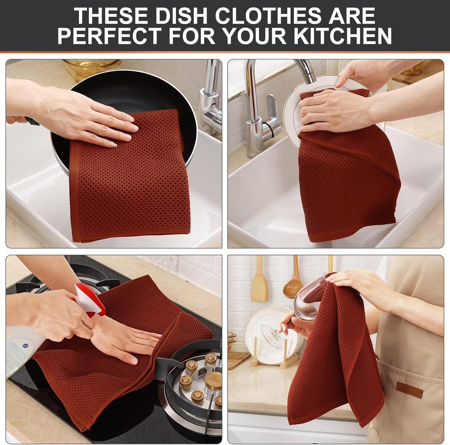 Kitinjoy 100% Cotton Waffle Weave Kitchen Towels, 8-Pack Super Soft and Absorbent Dish Towels for Drying Dishes, Kitchen Hand Towels, 13 in x 28 in, Rust