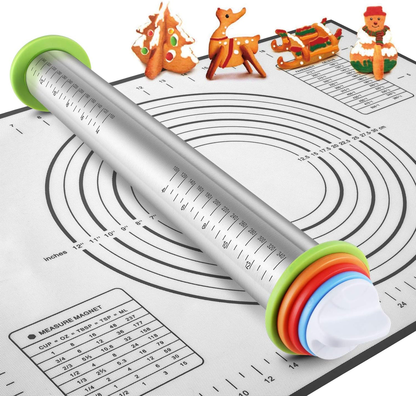 Rolling Pins, Stainless Steel Dough Roller, Rolling Pin and Silicone Baking Pastry Mat Set, Adjustable Rolling Pin with Thickness Rings for Baking Dough, Pizza, Pie, Pastries, Pasta, Cookies(Black)