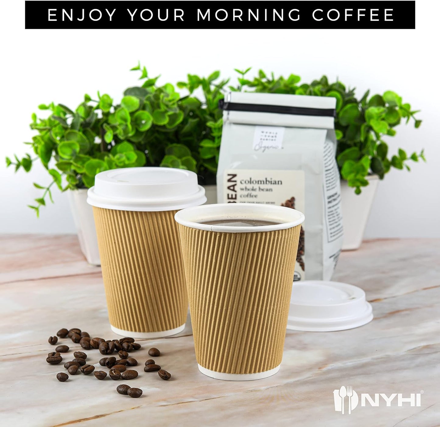 NYHI 100 12 oz Ripple Kraft Paper Cups Brown Hot Cold with Lids 3 Layer Rippled Small Insulated Disposable Coffee Cups for Cappuccino Hot Cocoa or Iced Drinks
