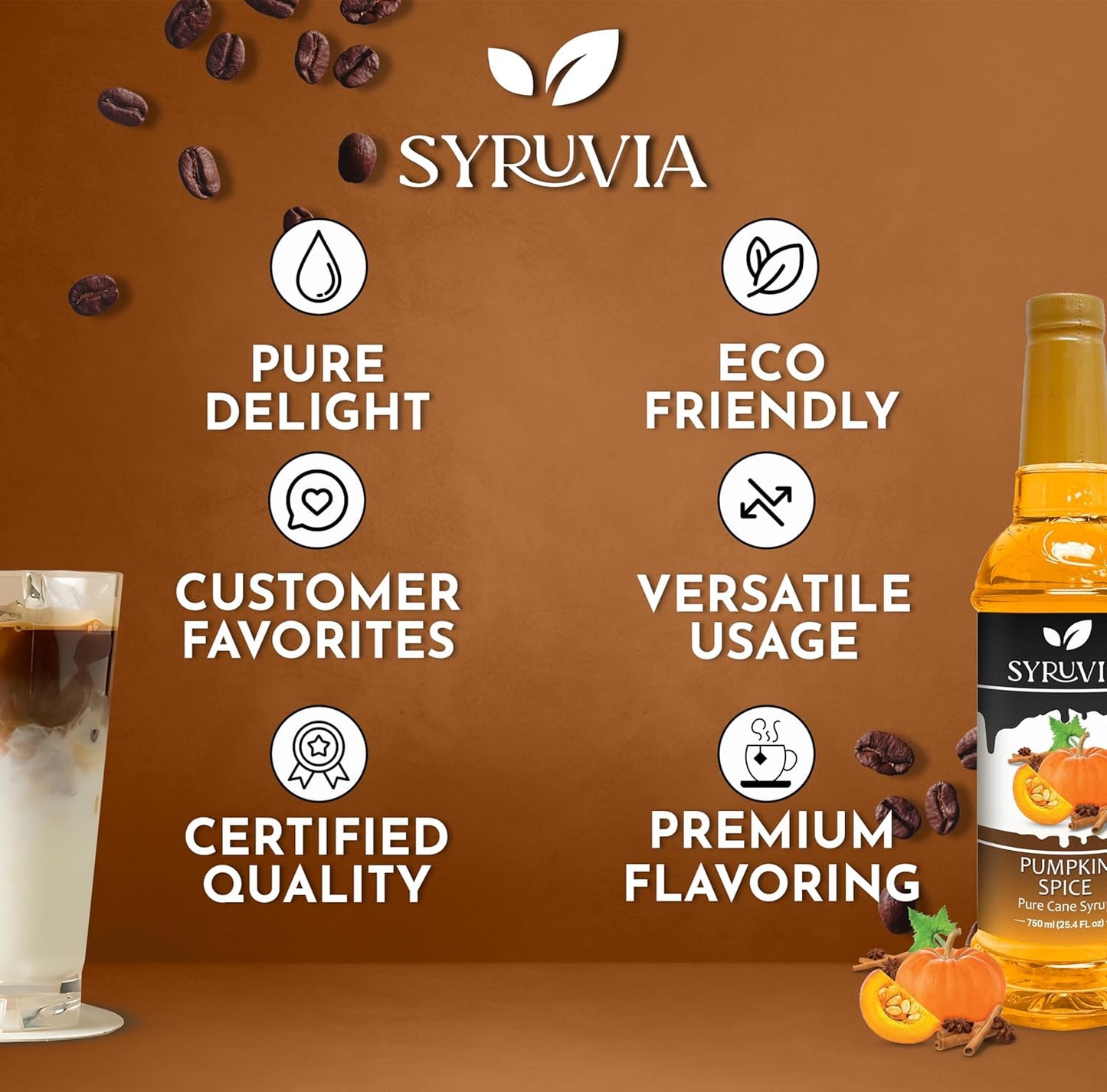 Syruvia Pumpkin Spice Syrup – 25.4 fl oz – Syrup for Coffee, Lattes, Shakes, Smoothies, Desserts – 100% Vegan, Gluten Free, Kosher Delicious Coffee Sauce, (Pack of 2)