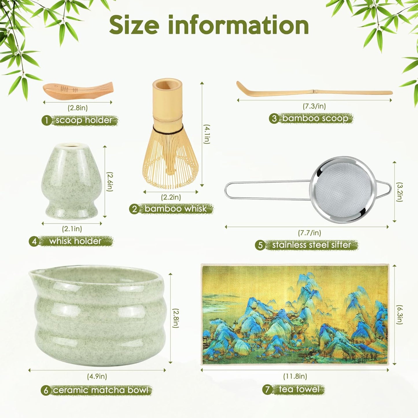 Matcha Whisk Set, 7 PCS Matcha Kit for Tea Ceremony, Matcha Whisk and Holder, Ceramic Matcha Bowl with Spout, Bamboo Scoop, Scoop Holder, Stainless Matcha Sifter and Tea Towel