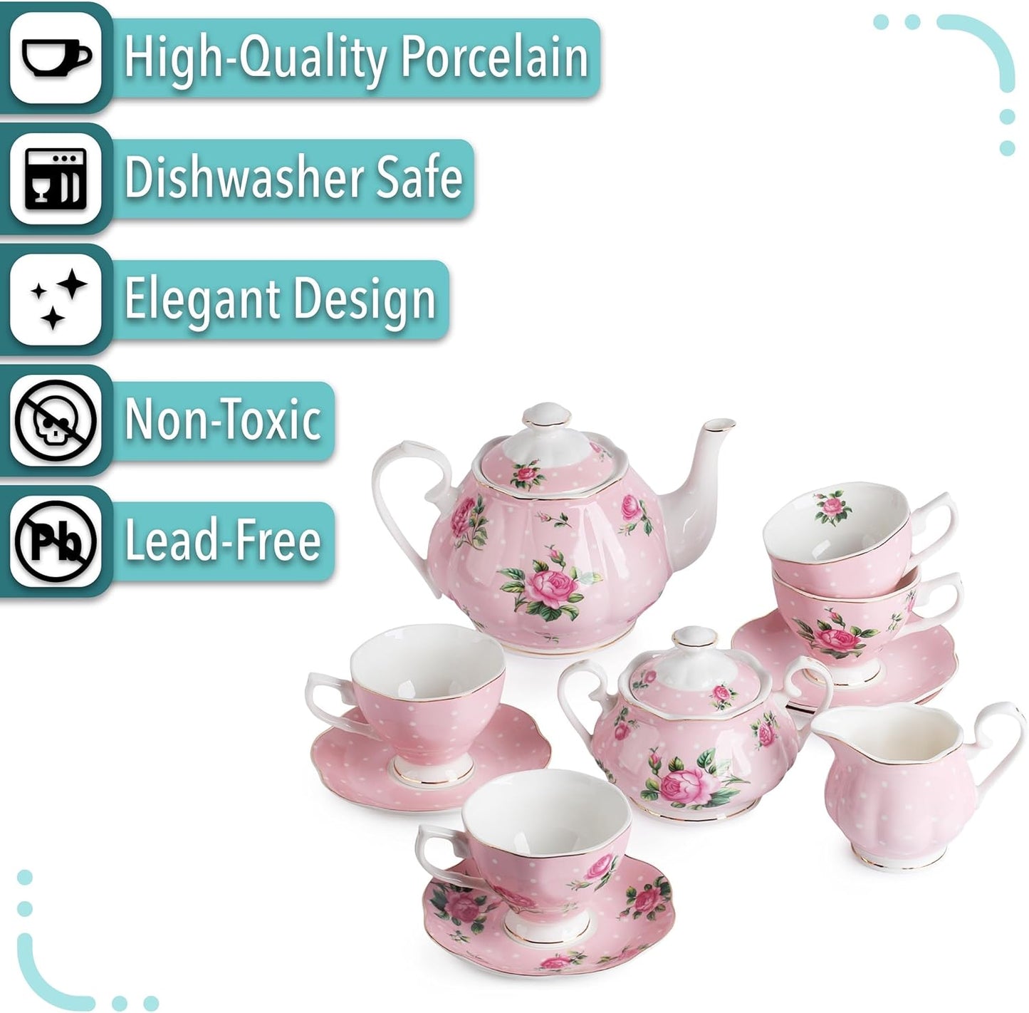 BTaT- Floral Tea Sets for Adults, 13 pcs, Service for 4, Pot (38 oz) & Cups (8 oz) with Saucers, Pastel Pink Floral Design with Gift Box, Porcelain Tea Set for Adult, Dishwasher Safe