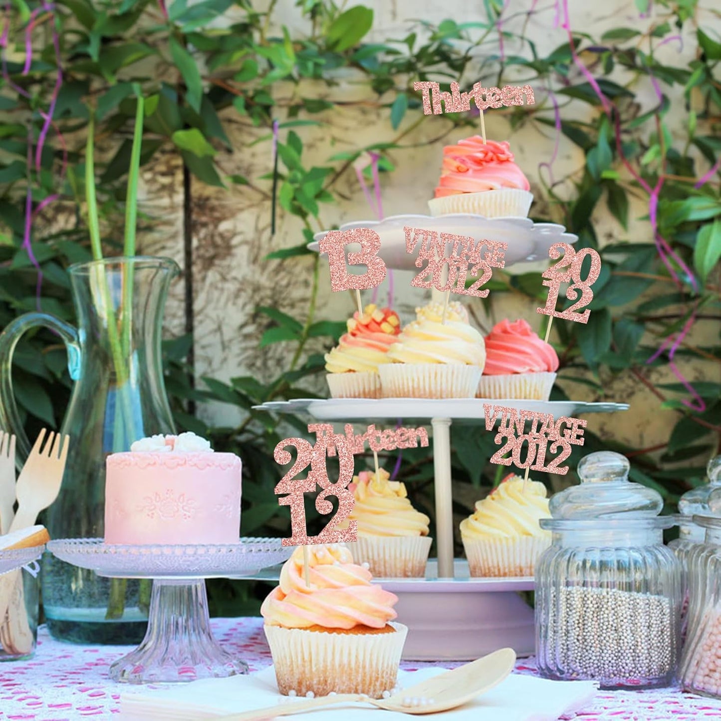 Gyufise 24Pcs 13th Birthday Cupcake Toppers Glitter Thirteen Vintage 2012 Hello 13 Years Birthday Cupcake Picks Official Teenager 13 Cake Decor for Happy 13th Anniversary Party Rose Gold