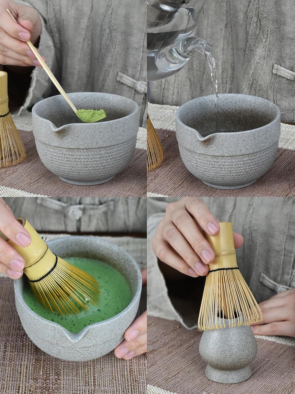Artcome Minimalist Matcha Tea Set – 4-Piece Japanese Matcha Kit with Matte Speckled Ceramic Bowl & Spout, Bamboo Whisk, Holder, Scoop & Manual – Zen-Inspired Wabi-Sabi Tea Ceremony Gift Set