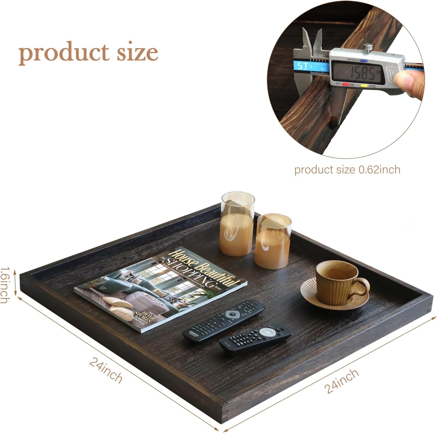 24" Rustic Wooden Serving Tray - Extra Large Square Ottoman Table Tray for Farmhouse Decorative Oversized Coffee Table Trays Living Room Kitchen Counter Breakfast Brown