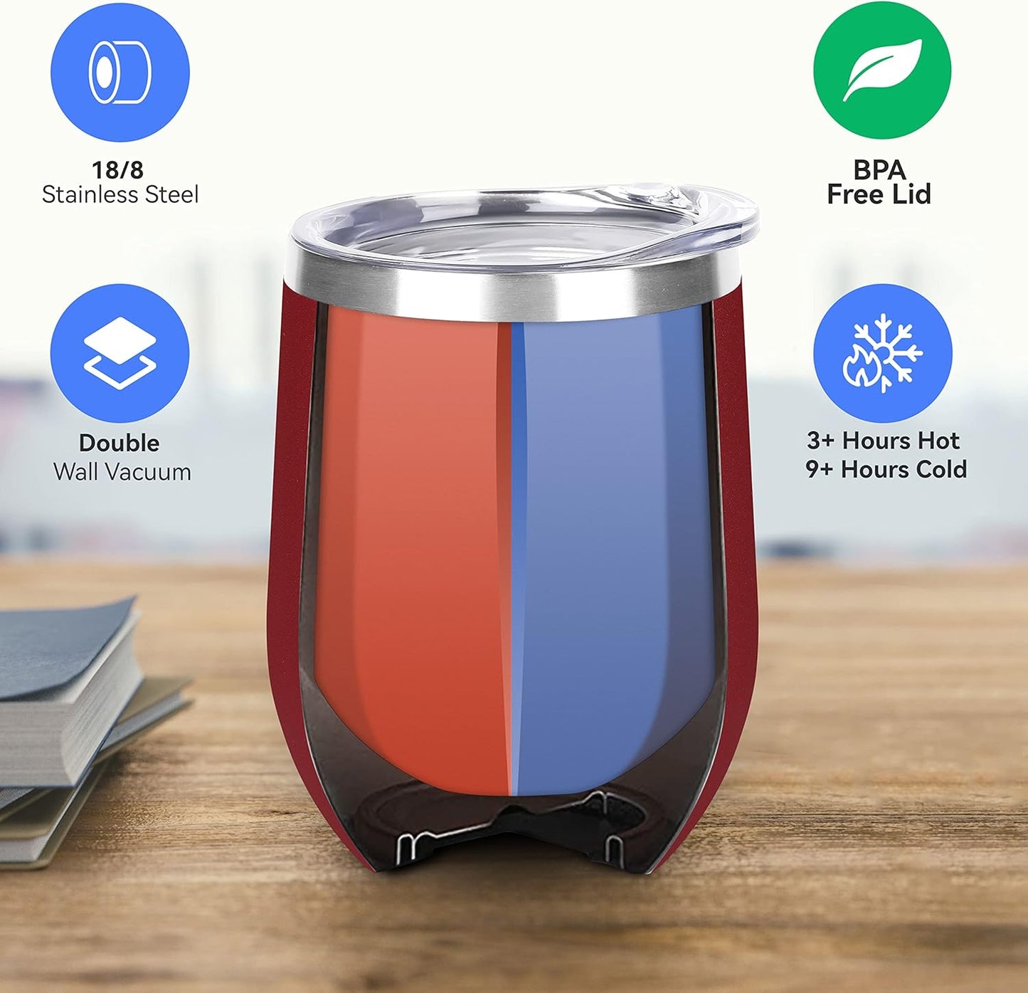 DOMICARE Stainless Steel Wine Tumbler Bulk with Lid, Personalized Insulated Tumblers Set, 12oz Travel Coffee Cups Pack of 1, Red