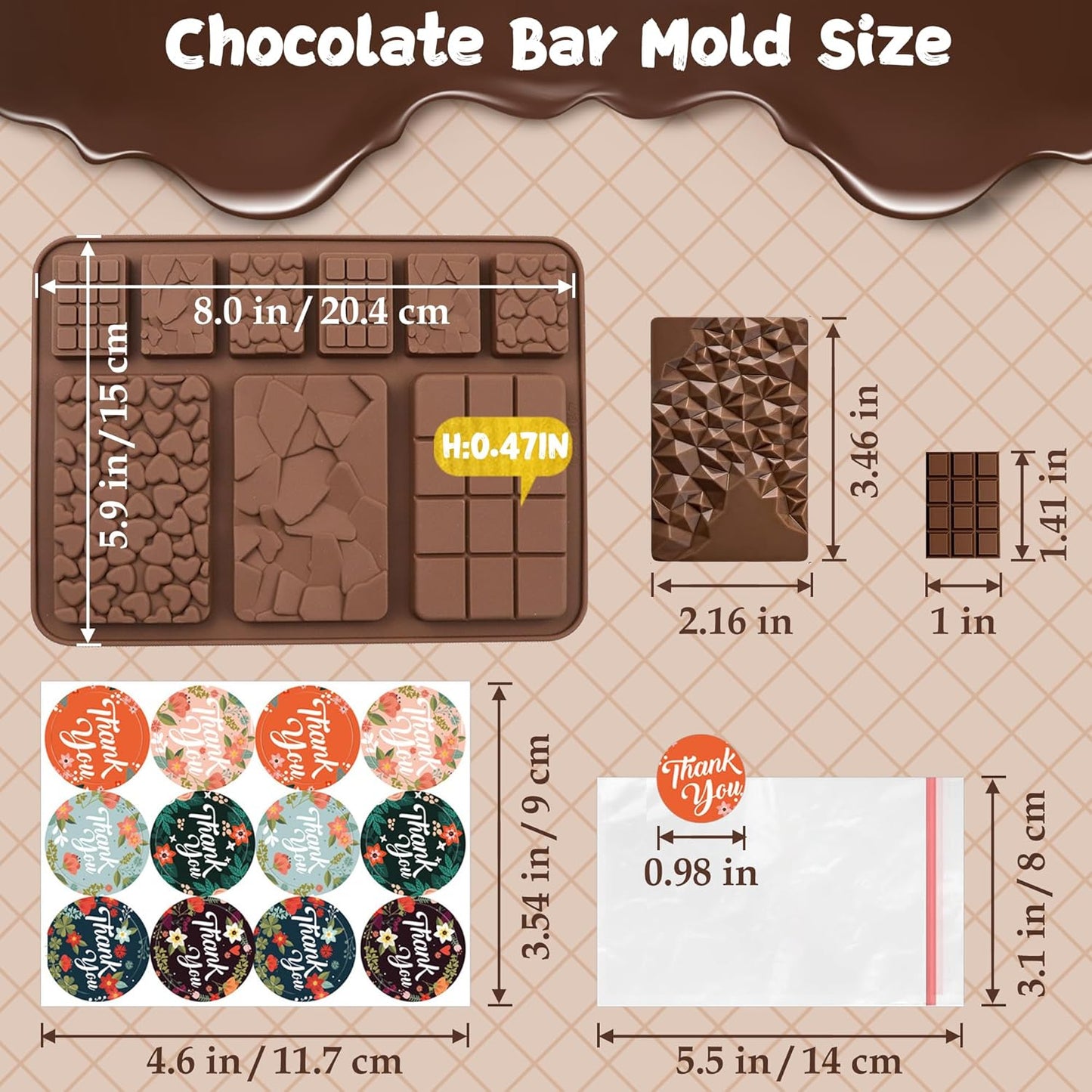 9 in 1 Silicone Break Apart Chocolate Bar Mold with Plastic Bags and Thanks for the stickers,Non Stick Homemade Protein and Energy Bar Mould - 113pcs