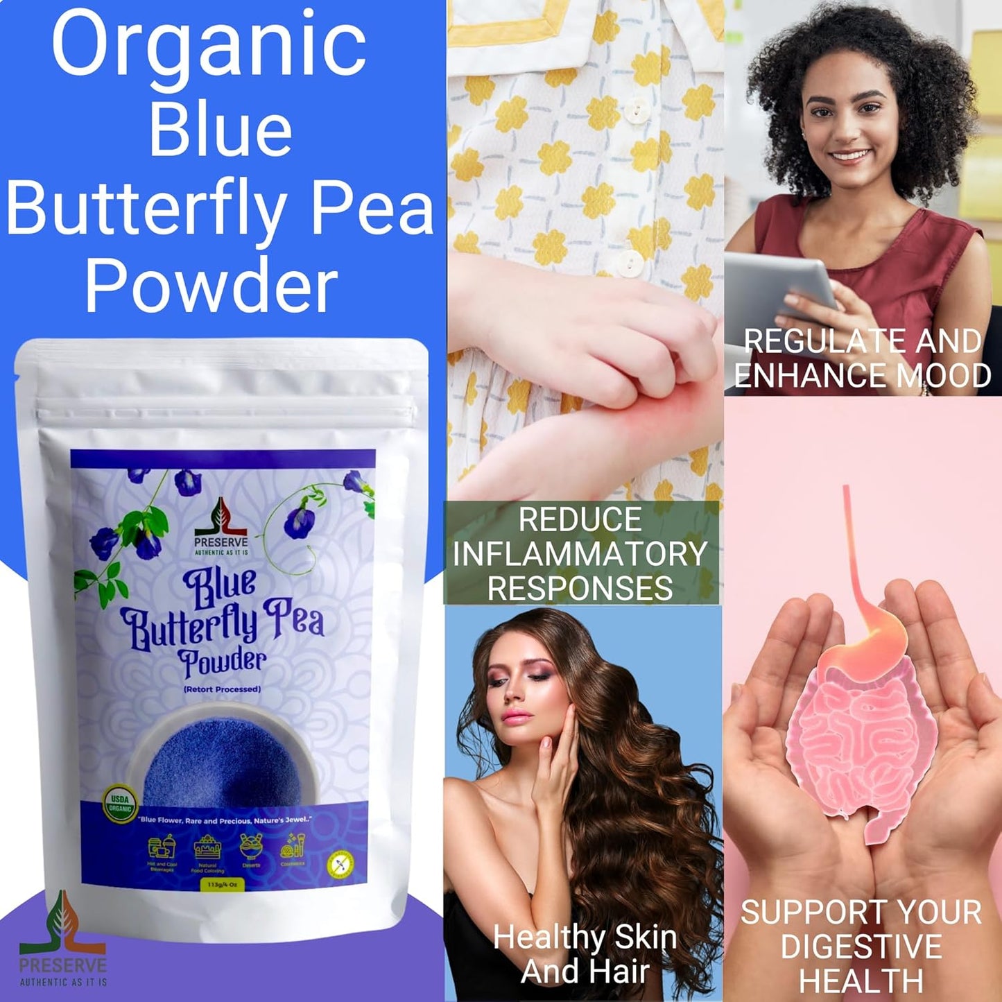 Pure Butterfly Pea Flower Powder, 100% Pure Natural Food Coloring, Non-GMO, Vegan, Retort Processed, Antioxidant-Rich, Blue Lotus Flower Powder